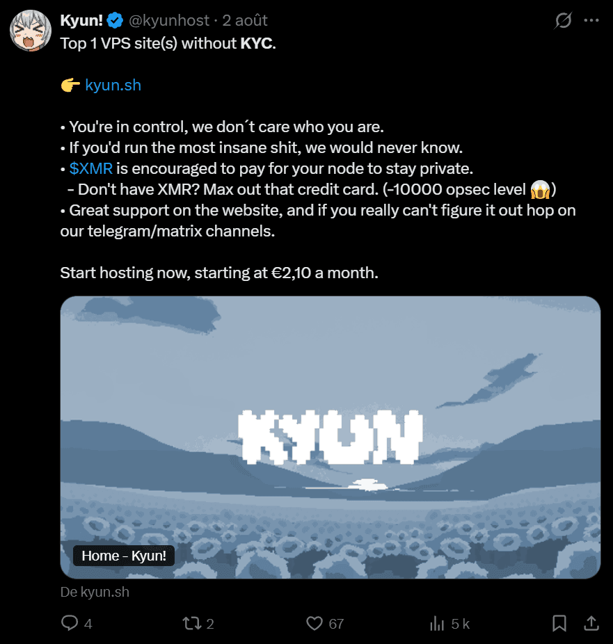 Affirmation de Kyunhost de non KYC